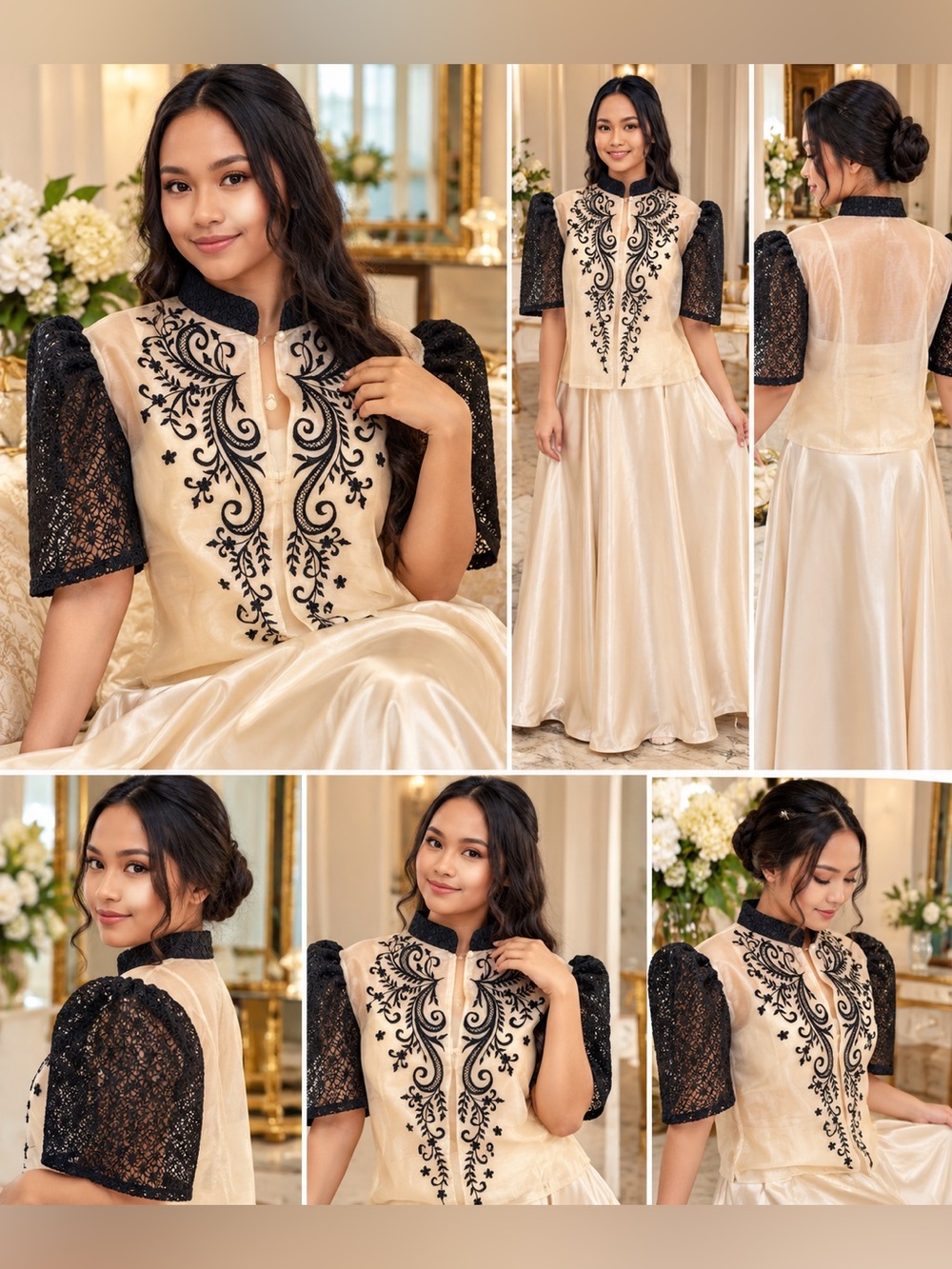 Filipiniana Pina Jusi Bolero Blouse Black Embroidery Lace Sleeves Maria Clara